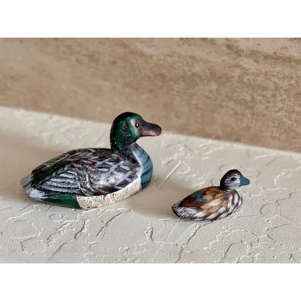 Vintage Carved Duck Pair Figurines – Stone Paperweight Duck and Wooden Mini Duck